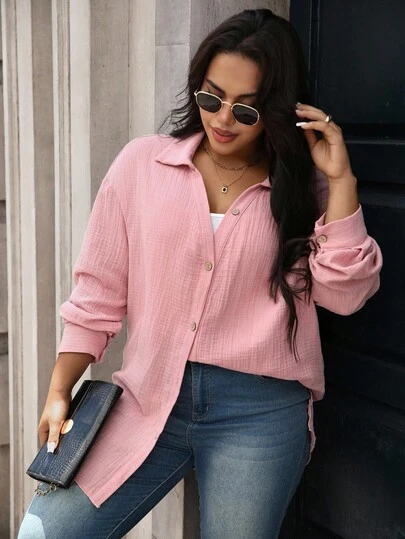 EMERY ROSE Plus Size Women Blouse, Casual Chinese Style Vacation Wear, Suitable For St. Patrick's Day, Easter, Valentine's Day, Christmas, Thanksgiving, Loose & Comfortable, Versatile, Fashionable Spring/Summer