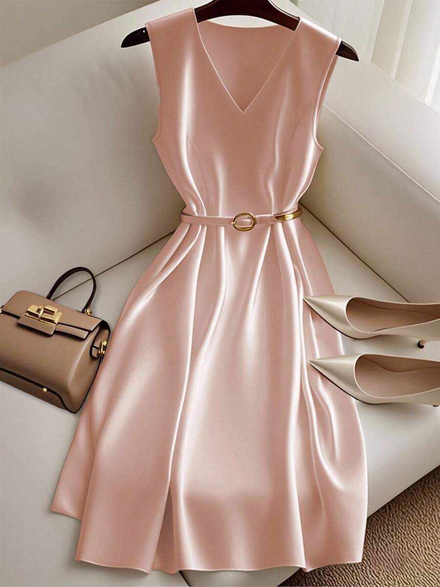 Franclia 女士束腰无袖中长连衣裙，女士优雅中长府绸连衣裙