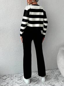 EURMUSE Striped Pattern Cardigan & Knit Pants - Black and White - View 2