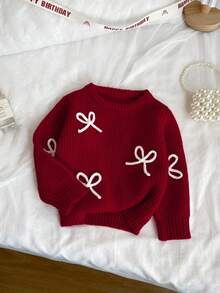 SHEIN Vintaside Kids 时尚百搭可爱蝴蝶结针织套头毛衣，适合年轻女孩，红色蝴蝶结毛衣，秋冬季必备。 - 紅色 - 查看 3