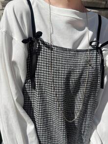 FRIFUL Women's Plaid Dress With Spaghetti Straps, Bowknot Shoulder Straps Maxi Dress - Black and White - View 6