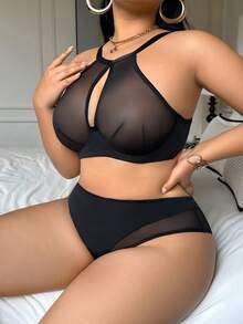 SHEIN 2件套女士加大码纯色网眼钢圈文胸套装 - 黑色 - 查看 5