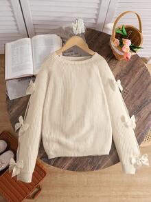 SHEIN Tween 女童休闲圆领长袖镂空蝴蝶结针织毛衣，秋冬 - 杏色 - 查看 5