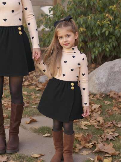 Emery Rose Kids Emery Rose Kids 2 件套少女心形图案针织立领 T 恤和裙子套装，心形印花秋季服装，适合度假、节日、法式、可爱、优雅、甜美、复古和时尚。非常适合休闲、日常穿着和上学日常。适合圣诞节、棕色、万圣节、家庭度假。冬装