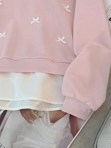 SHEIN Teen Girls Sweatshirts With Shirt Collar Patchwork, Bow Decor, Pullover Long Sleeve Elastic Hoodie Fall Winter Cute Sweatshirt Cute Plain Sweatshirts For Teens Bow Sweatshirt Sweatshirt For Teen Girls Sweater With Bows - Pink - View 6