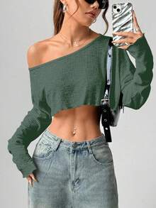 Flirla Top corto asimétrico de hombro de unicolor y sexy - Verde militar - Ver 6