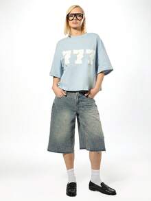 SUMWON WOMEN Oversized Modern Number 777 Graphic Short Sleeve Cotton Tee Relaxed Fit Crew Neck Casual Streetwear Fashion Statement Top For Summer Fall