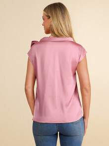 Amorya Áo sơ mi nữ Thắt nơ trước màu trơn Thanh lịch - Bụi hồng - Xem 2