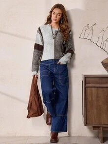 SHEIN LUNE Pull décontracté à col rond et épaules tombantes, blocs de couleurs, automne/hiver pour femmes - Gris - Voir 7