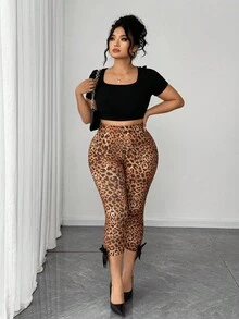 Elenzga Plus Size Elegant Leopard Print Bowknot Decor 3/4 Leggings, Slimming Bowknot Decor Base Layer Pants, Suitable For Back To School, Graduation, Valentine's Day, Music Festival, Mother's Day, Halloween, Thanksgiving, Easter, National Day, Prom, Date Party, Wedding Season, Outdoor Activities - Brown - View 8
