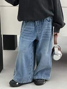 DAZY 幼儿男童宽松直筒牛仔裤，休闲街头风格，秋季 - 中等水洗藍 - 查看 3