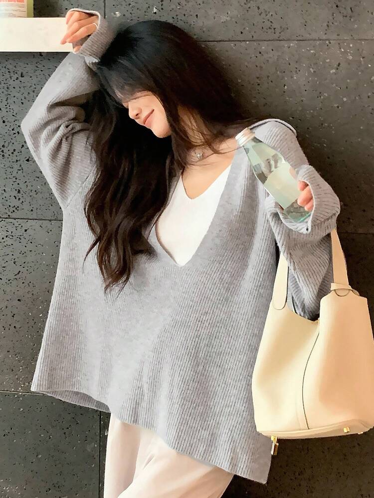 Loose V-Neck Sweater For Women, Autumn/Winter, Oversized