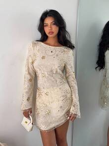 SHEIN EZwear Rochie mini pentru femei, culoarea șampaniei, cu broderie din plasă, mâneci evazate, spate fără bretele - Caisă - Vizualizare 6