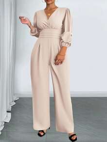 SHEIN CURVE+ 大码休闲通勤纯色阔腿连体裤 - 卡其色 - 查看 3