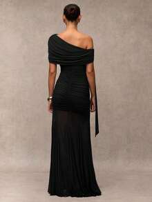 SHEIN BAE 女士优雅不对称领口扭结褶皱修身网纱拼接连衣裙，夏季婚礼宾客礼服 - 黑色 - 查看 2