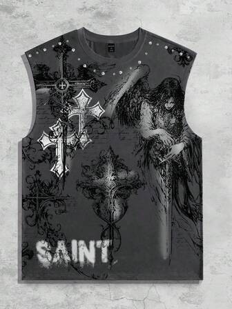 Goth Men's Summer Fashion Angel Cross Print Tank Top, 2000s Style