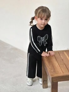 SHEIN Baby/Toddler Girls 0-3Y Casual Cute Fruit Pear Print Round Neck Long Sleeve Sweatshirt + Ribbed Leggings Pants 2-Piece Set, Spring/Summer Fall Winter - Black - View 6