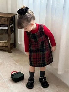 SHEIN 0-3岁秋冬红色格子套头衫+红色针织打底衫套装优雅淑女公主裙时尚装