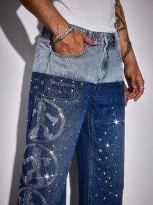 ROMWE MEN Street Life Men's Rhinestone Patchwork Contrast Color Denim Jeans - Blue - View 2
