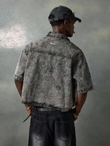 NEON BLANC Men's Casual Washed Front Button Spider Rhinestone Denim Shirt, Summer - Black - View 3