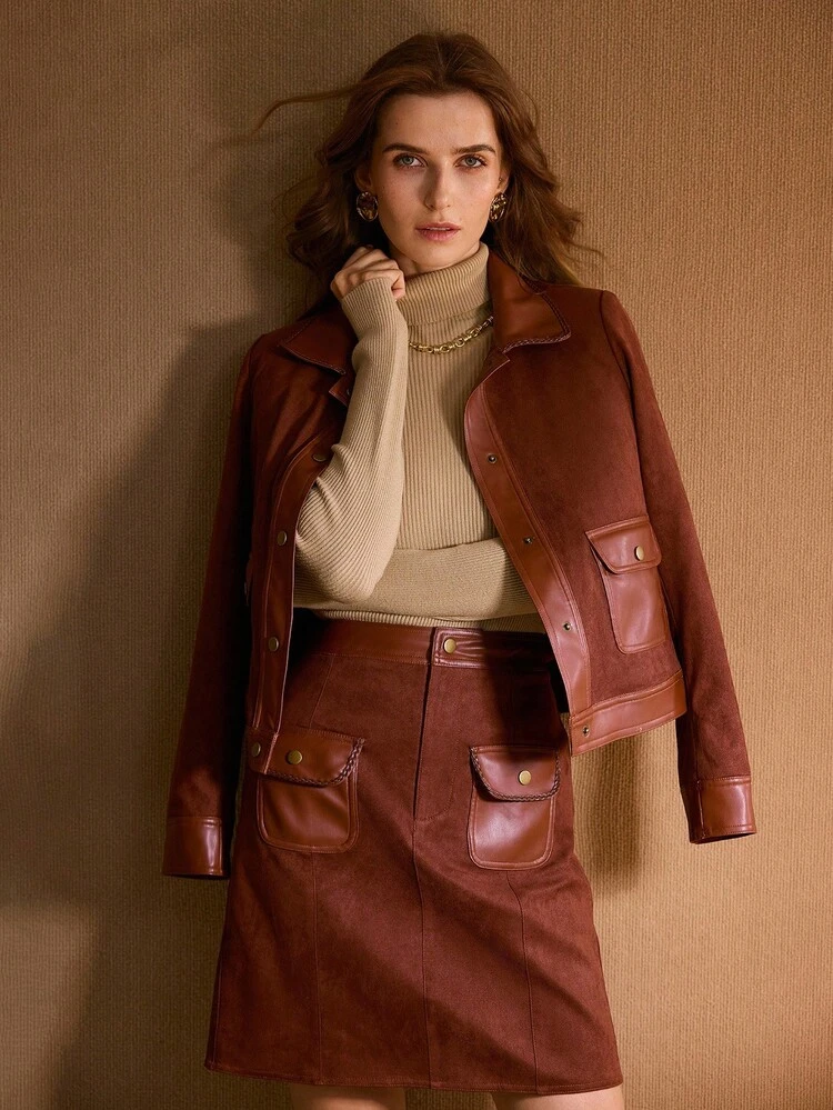 SUEDE PU LEATHER PANEL FLAP POCKET SKIRT