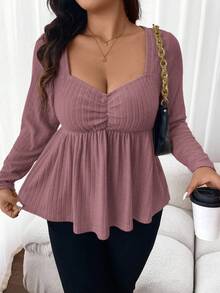 SHEIN Frenchy Áo thun tay dài vải trơn cổ tim cỡ lớn mùa thu - Gỗ đỏ - Xem 4