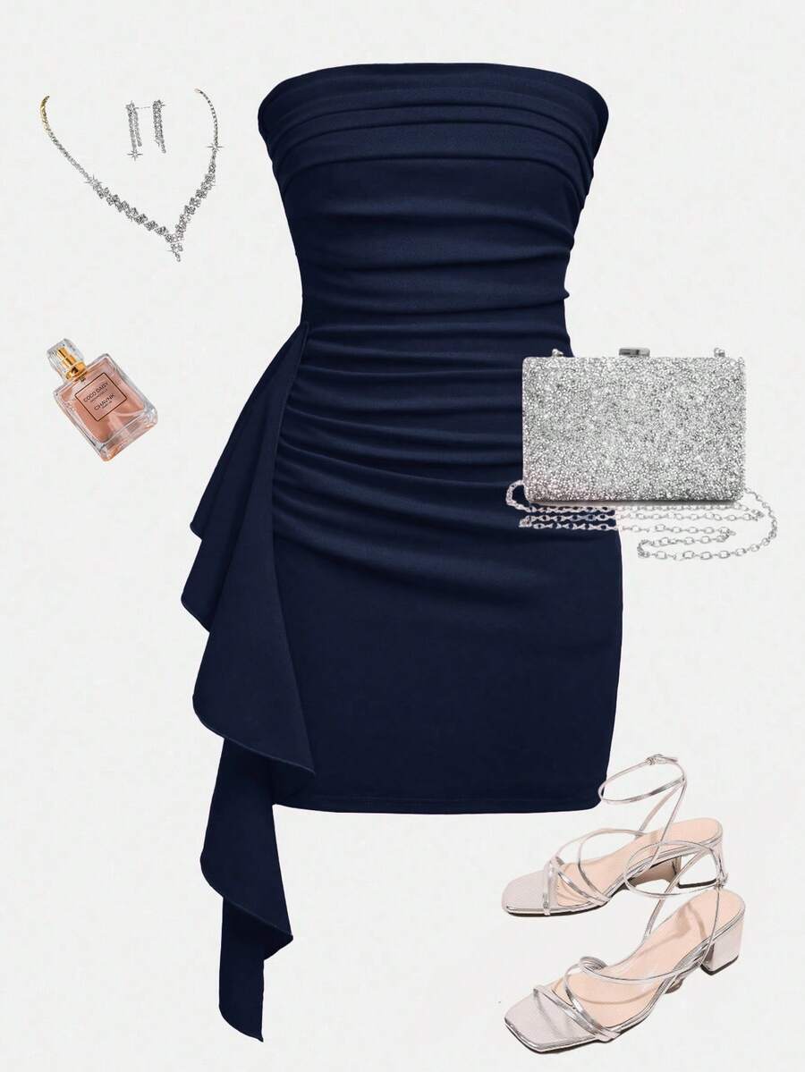 SHEIN Girlism 优雅荷叶边纯色针织筒裙，时尚派对和活动之选 - 藏蓝色 - 查看 1