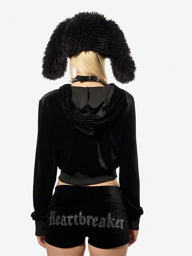 SUMWON WOMEN Halloween Velvet Cropped Zip Hoodie With Fur Trim