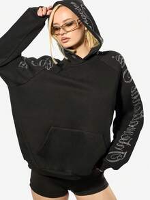 SUMWON WOMEN 女式超大号水钻连帽衫，带装饰文字，长袖套头衫，适合冬季休闲穿着 - 黑色 - 查看 4