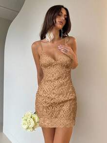 Aloruh Váy ngắn hai dây thời trang ôm sát họa tiết hoa Jacquard dành cho nữ - màu nâu - Xem 4