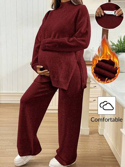 SHEIN 孕妇休闲保暖纯色侧开衩毛衣和裤子套装，秋冬