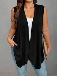 EMERY ROSE Plus Size Solid Color Minimalist Sleeveless Jacket, Street Style Winter Fall Autumn - Black - View 1