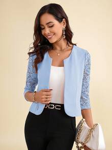 SHEIN Clasi Women's Sleeve Lace Patchwork Open Front Blazer Jacket In Fall/Winter - Baby Blue - View 6