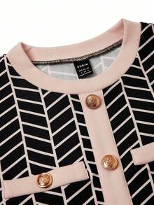 SHEIN Clasi 女式圆领针织弹力修身长袖黑色格子几何图案撞色金属纽扣优雅日常休闲通勤迷你连衣裙，秋冬