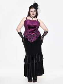 ROMWE EDITION Kamisol Beludru & Renda Kontras Seksi Gaya Y2K Ukuran Plus, Gaya Halloween Gelap - Purple - View 6