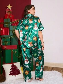 Chillnights Christmas Snowman Satin Open Front Plus Size Pajama Set Plus Size Pijama For Women Plus Size Sleepwear Set Plus Size Pj Set Plus Size Pajamas Set Plus Size Nightwear - Multicolor - View 2