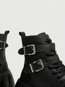 Daringsoles 时尚百搭舒适厚底女靴，增高厚底粗跟，街头风摩托车防滑英伦风系带铆钉踝靴，圣诞节必备 - 黑色 - 查看 8