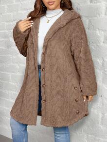 Rusticease Textured Plush Warm Comfortable Button Decorated Hooded Plus Size Coat Winter - Khaki - View 3