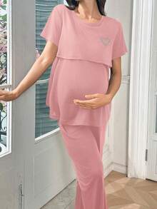 Moonlight & Mama Conjunto de pijama de maternidad de seda de leche con estampado de corazón de unicolor