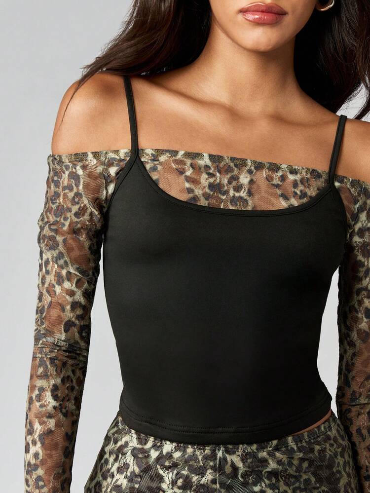 MISSGUIDED Animal Print Lace Mesh Long Sleeve Off Shoulder Crop Top With Solid Panel Detail