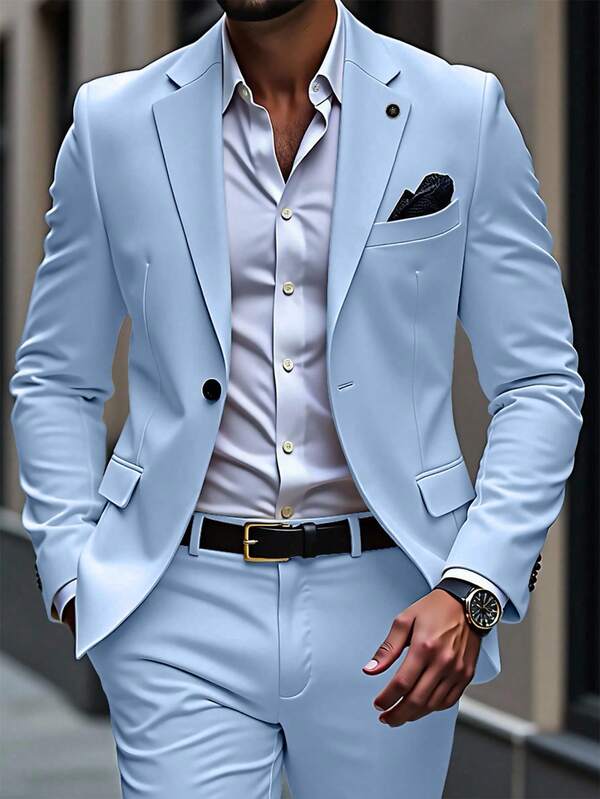 Manfinity Mode Costum de baie pentru bărbați, culoare solidă, cu rever, mânecă lungă, sacou și pantaloni, costum casual, costum pentru bărbați, costum formal, costume pentru bărbați