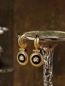 Glisma 18K Gold-Plated Classic Black Stud Earrings,Work,Casual,Shopping,Vintage,PREMIUM,Metallic/Texture,Work,Casual,Shopping,Vintage,PREMIUM,Metallic/Texture,Western Jewelry,Old Money,Gemstone,Outfits,Fall/Autumn/Winter,For Mom/Women/Girl/Mother,Premium - Gold - View 3