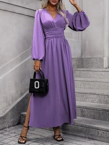 EMERY ROSE 灯笼袖褶饰开衩长裙女装 - 紫色 - 查看 5