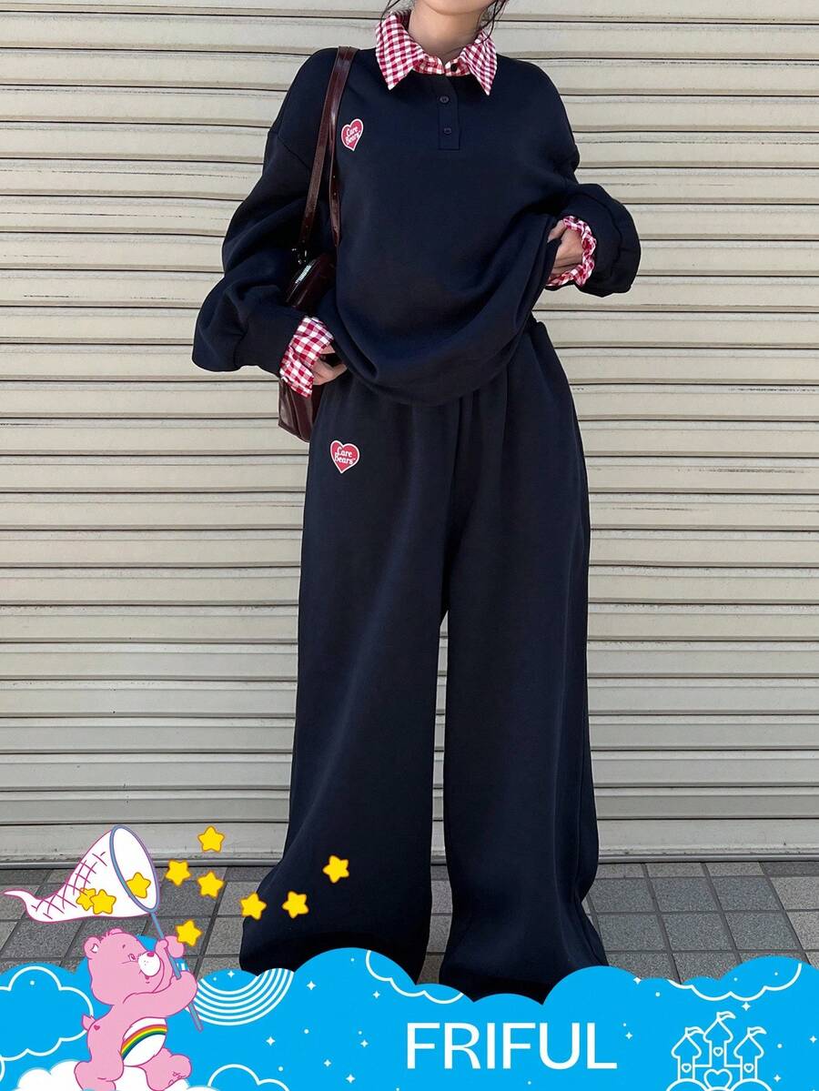 SHEIN X Care Bears FRIFUL 2件套女士格子拼接宽松加厚二合一卫衣和阔腿裤套装