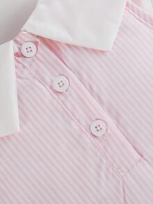 Souflis Souflis 女婴休闲优雅甜美公主风格蓝色条纹无袖连衣裙，带白色蝴蝶结领口装饰，夏季 - 粉色 - 查看 6