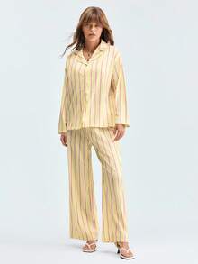 LOUNGEISTA 2pcs Women Loose Comfortable Breathable Striped Long Sleeve Pajama Set - Yellow - View 3