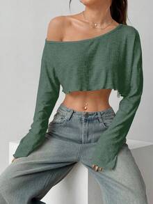 Flirla Top corto asimétrico de hombro de unicolor y sexy - Verde militar - Ver 4