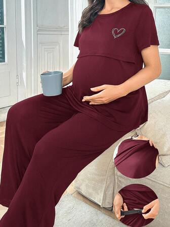 Moonlight & Mama Nursing Pajama SetSolid Color Milk Silk Heart Print Maternity Pajama Set Burgundy Pajama Set Maternity Lounge Set