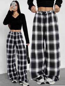 Sparklyn 青少年女孩格子宽腿宽松裤，适合秋季日常通勤、休闲、上学和聚会