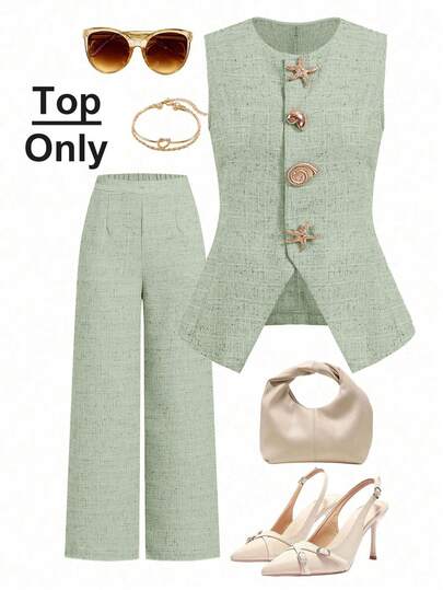 Ellevyn Blusa elegante sin mangas con botones de concha marina y estrella